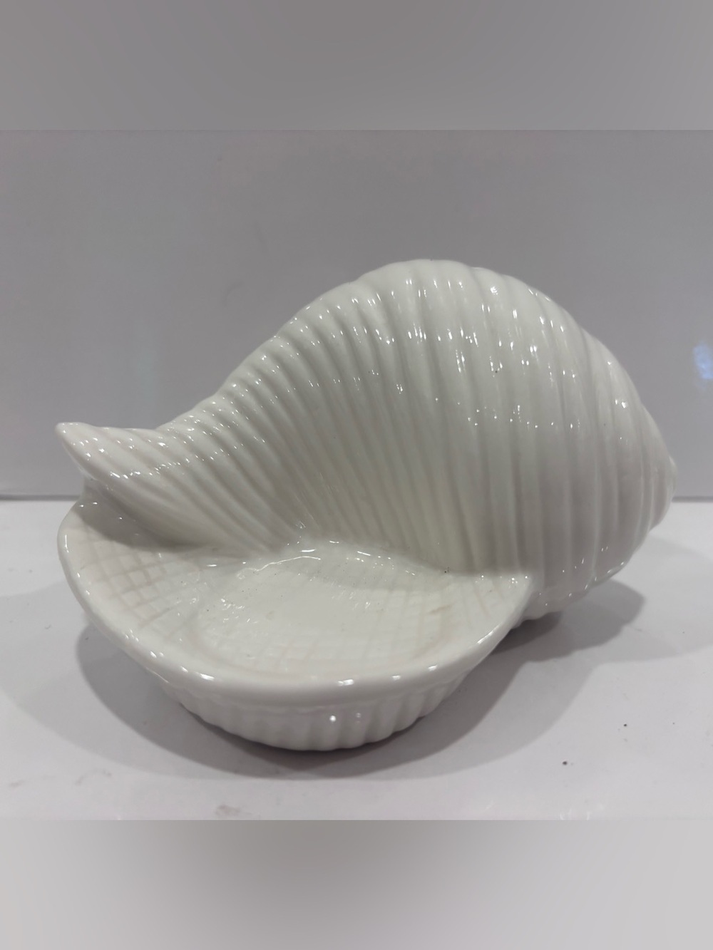 white ceramic shell-shaped planter, trinket dish, or soap dish.